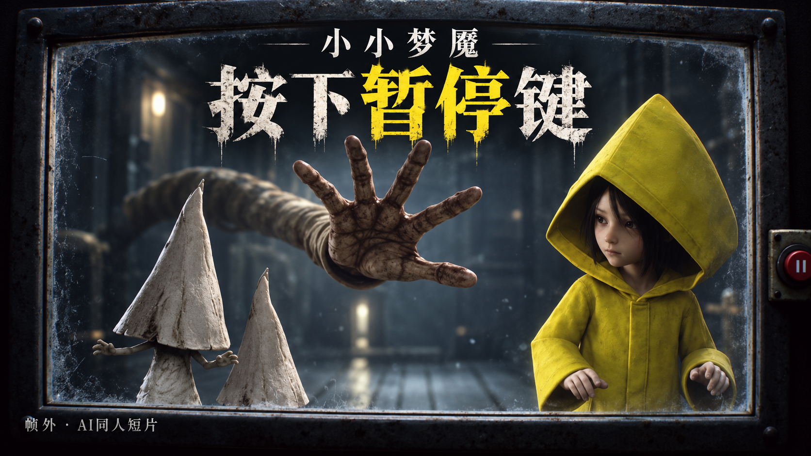 黄色雨衣的小六与两个无脸诺姆站在暂停按钮旁，怪物的手伸向屏幕，封面文字为小小梦魇、按下暂停键。