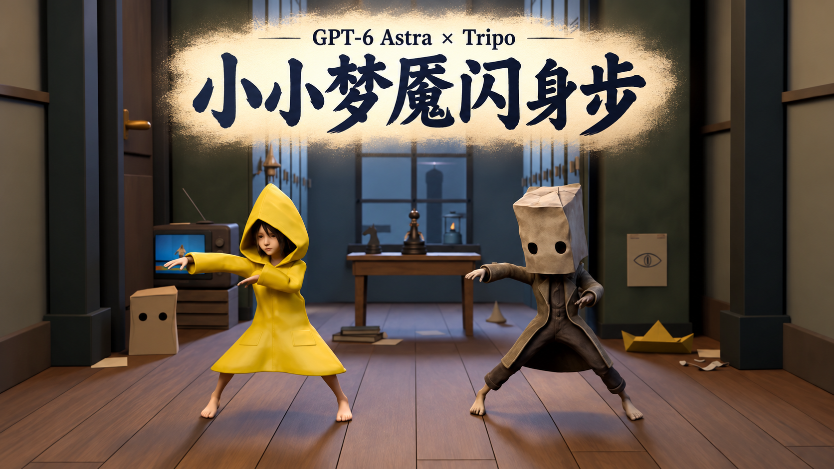 黄色雨衣的小六与戴纸袋的 Mono 在学校走廊跳舞，封面题字为小小梦魇闪身步。